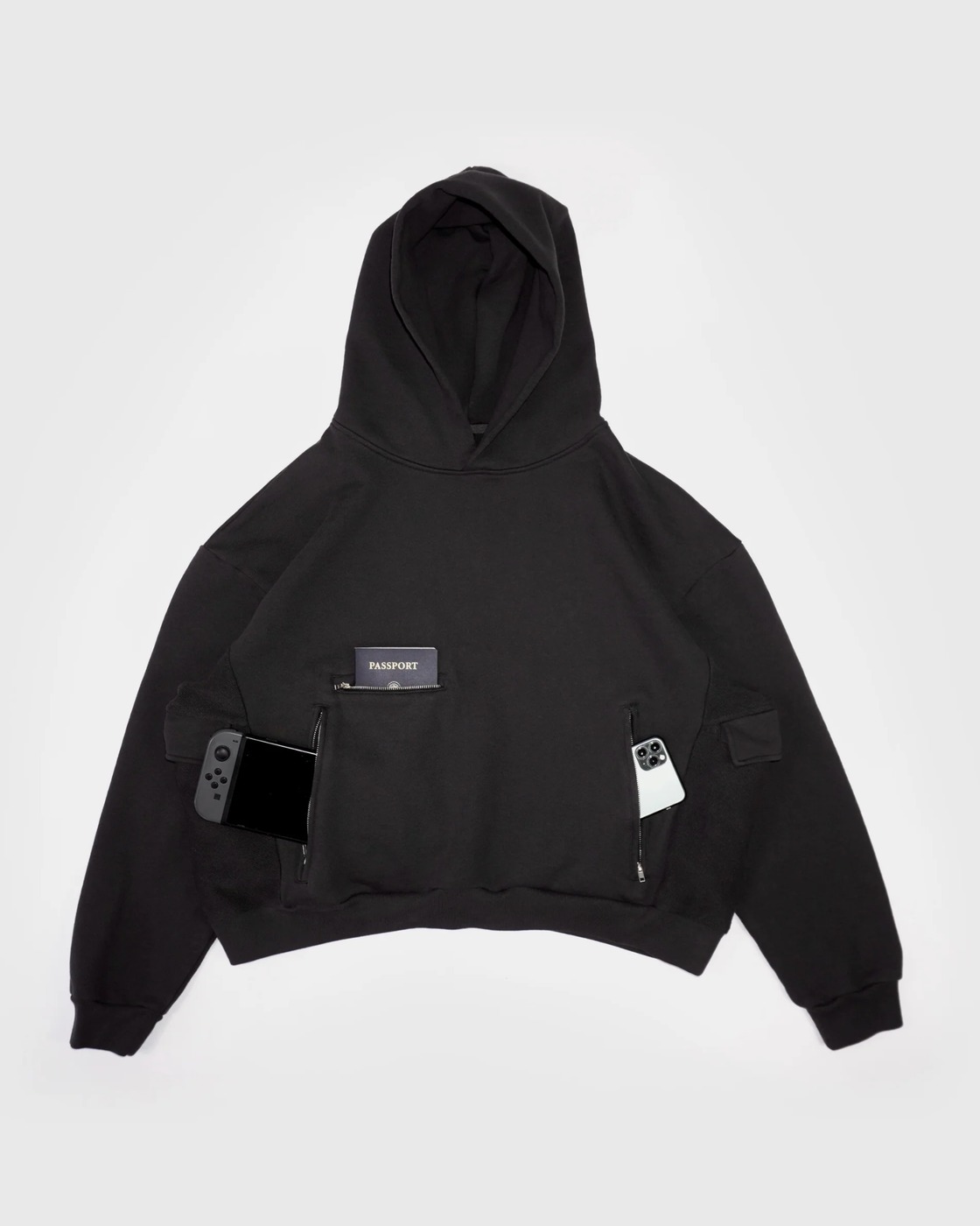 Black heavyweight utility cargo hoodie