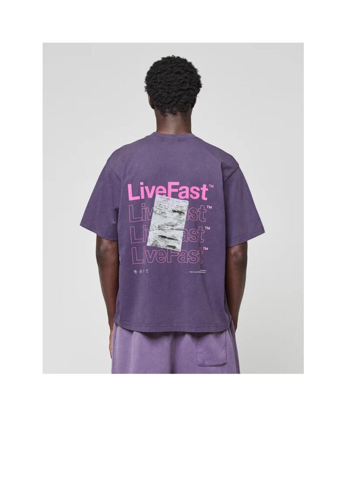 Garment-dyed purple heavyweight tee with back print