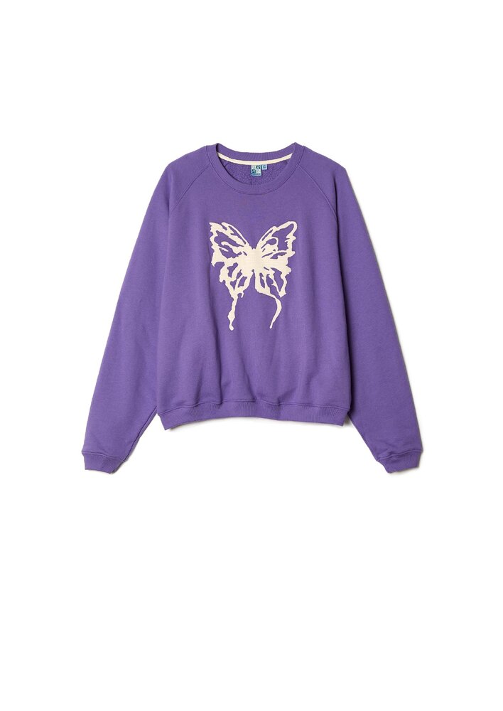 Purple crewneck with embroidered butterfly graphic